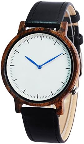 Zebra Wood Quartz Wristwatches men's Dress Watch black leather band white face blue needle