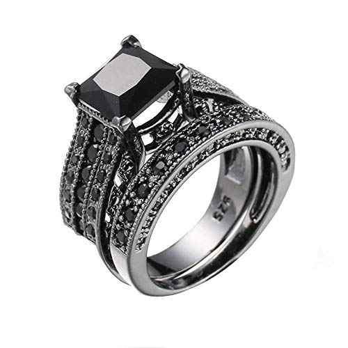 Haluoo 925 Sterling Silver Wedding Rings 2 Pcs Square Engagement Ring Set Black Cubic Zirconia Simulated Diamond Anniversary Promise Rings Bridal Sets (8, Black)