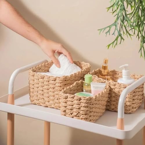 Kit 3 Cestos Organizadores Decorativos em Corda Natural Trançada Cestos Multiuso para Quarto Sala Banheiro e Decoração