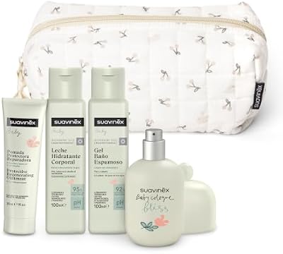 , Neceser Bebé, Canastilla Recién Nacido con Cosmética Pediátrica | Set Regalo con Colonia Bebés 50 ml + Leche Hidratante 100 ml + Gel Baño 100 ml + Pomada Pañal 30 ml, Formato Viaje, Beige
