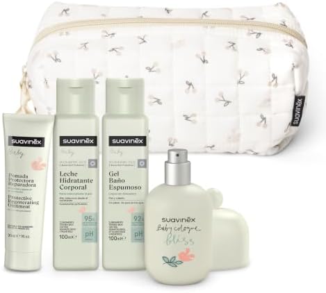 , Neceser Bebé, Canastilla Recién Nacido con Cosmética Pediátrica | Set Regalo con Colonia Bebés 50 ml + Leche Hidratante 100 ml + Gel Baño 100 ml + Pomada Pañal 30 ml, Formato Viaje, Beige