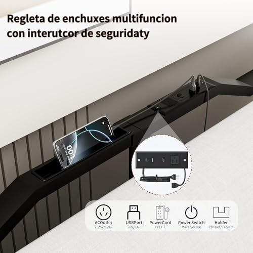 INICO Base de Cama Individual, Marco de Cama Metálico con Metal, Recamara Individual con Cabecero de Metal,Bases Cama con Soporte Lamas Metálicas con 1 Salidas de CA y 1 USB y 1 Type-c 190m*96cm*36cm