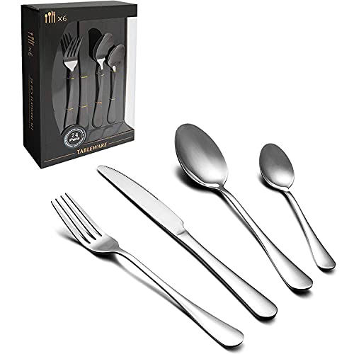 MIOMIO-Silverware-24-Piece-Stainless-Steel-Flatware-Cutlery-set-Service-for-6-Comfortable-Round-Handles-6x-Forks-6x-Dinner-Knives-6x-Dinner-Spoons-6x-Teaspoons-Mirror-Polished-Dishwasher-Safe