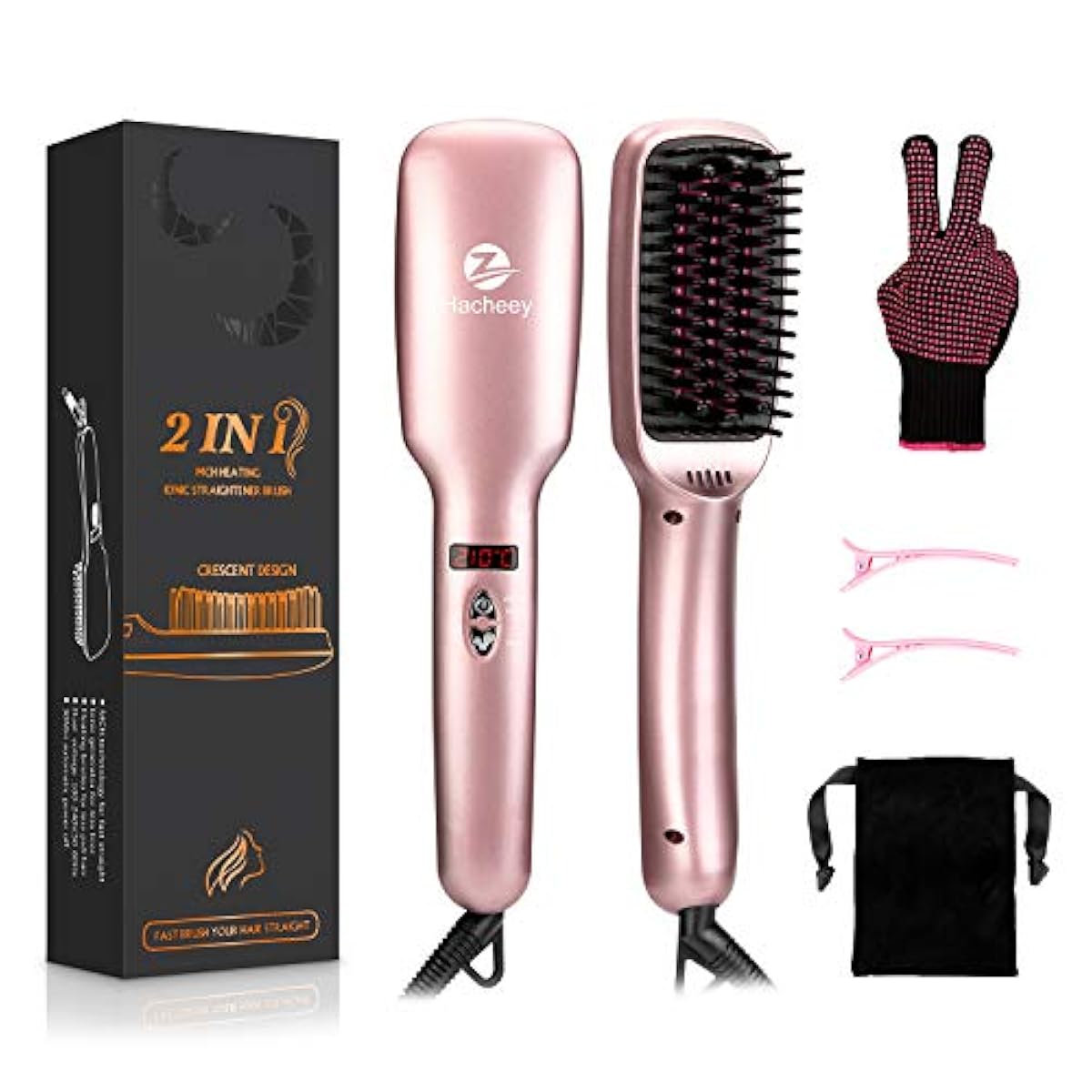 HACHEEY Ionic Hair Straightener Brush, 2in1 Lange Hair Straightening