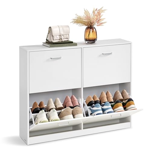 VASAGLE Schuhschrank, Schuhkipper, 4 Klappen, für 16-28 Paar Schuhe