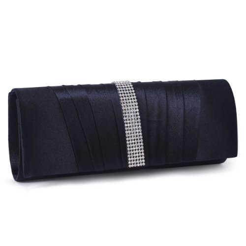 Damara Womens Pleated Satin Crystal Fashion Clutch Evening Bag, Navy Blue, Large