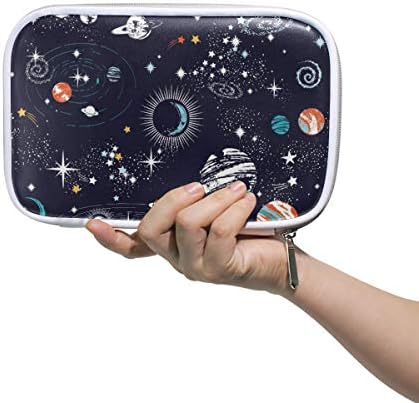 Large PU Leather Pencil Pen Case Pouch Cartoon Planet Cosmetic Passport Multifunction Bag with Zipper Office Stationary for Children, Teen, Girls,Women