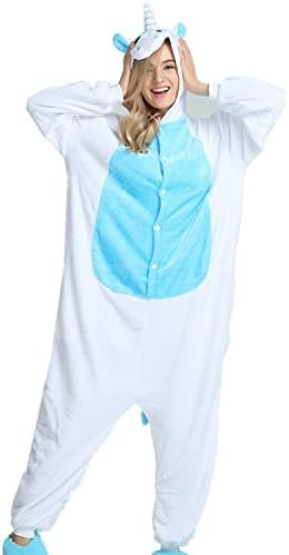 xiaoying Unicorn pajama Unisex Sleepwear Animal Costume with Hooded Fleece Kigurumi For Children, Boy and Girl (L, Blue with Wing)