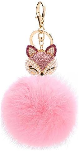 Lovef Cute Womens Ladies Girls Crystal Diamond Keychain Keyrings Fox Head Rabbit Fur Hair Pearl Rhinestone Ball Pompoms Key Chain for Car Keys Ring Clip with Carabiners Charm or Bags Hanging Pendant (11#)