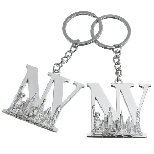 2X SLEEK "NY" LETTER NEW YORK SKYLINE METAL KEYCHAIN NYC SOUVENIR GIFT-SET OF 2