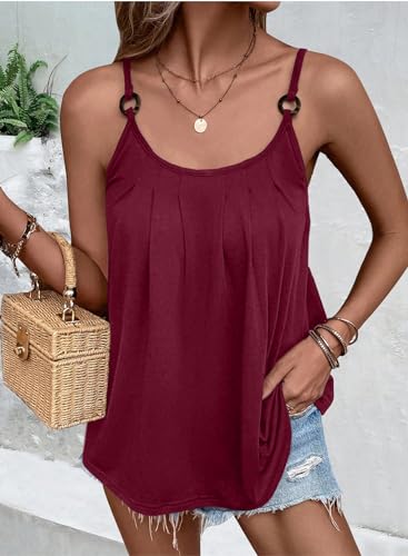 BLENCOT WOMENS SUMMER SLEEVELESS ADJUSTABLE SPAGHETTI STRAP CAMISOLE CASUAL PLEATED SHIRT LOOSE BASIC TANK TOPS RED XL