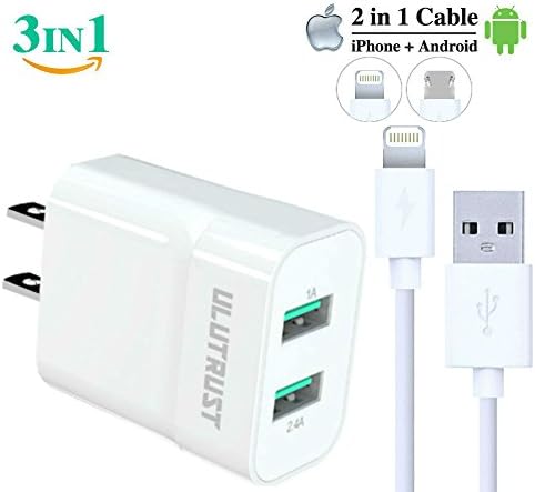 24W USB Wall Charger with 2in1 Lightning Cable (2A) for iPhone and Android – Travel Power Adapter with Charging Cable Compatible Apple iPhone X 8 7 Micro USB Samsung Galaxy s8 s7 s6 Note 8 and more