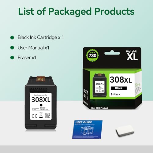 INKWELLZ Ink 308XL BK – 730+ Pages, Replacement for Original HP 308 Black Cartridge, for HP Envy 6120e 6122e 6132e 6520e 6530e 6532e 6152e 6558e 6110e 6130e DeskJet 2910 2920 2921 922 cm