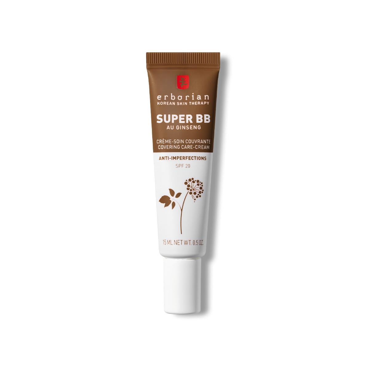 Erborian - Super BB Cream with Ginseng - High Coverage Tinted Face Care Anti-Imperfections - Complexion Corrector and Perfecter - Sun Protection SPF 20 - Korean Cosmetic - Chocolate 15ml