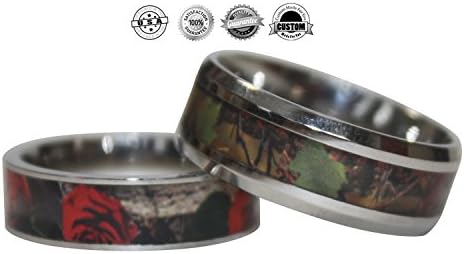 Silver Stainless Steel Camo Ring Set for Couples Woodlands Hideaway Mens 8mm comfort fit, Womens 6mm Red Forest