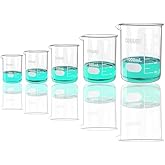 ONiLAB Glass Measuring Beaker Set 50ml 100ml 250ml 500ml 1000ml(Pack of 5) 3.3 Boro Griffin Low Form with Printed Graduation Scientific Glassware for Laboratories, Classrooms or Home Use