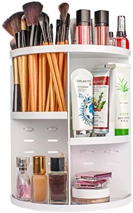 Makeup Organizer 360 Degree Rotating Cosmetics Storage Box Multi-Function Makeup Holder with DIY Adjustable Tray - Larger Capacity - Fits for Lots of Cosmetics and Accessories (White)