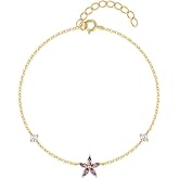 Purple Crystal Flower Bracelet for Women 925 Sterling Silver Dainty Flower Link Chain Bracelet to Daughter 14K Gold Plated Birthstone Purple White Diamond Bracelets Jewelry Birthday Valentine Day Gifts