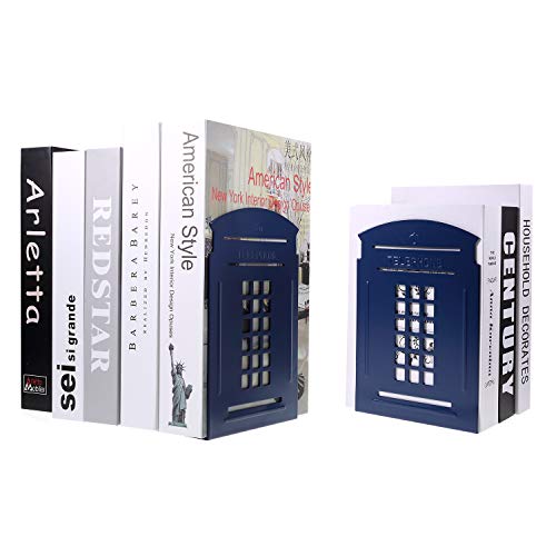 Bookends, Telephone Booth Metal Book Ends Non Skid Heavy Duty for Shelves, Books, DVD, Video 7.8 x 5.5 x 3.9 inch Blue (2 Pair/ 4 Pieces)