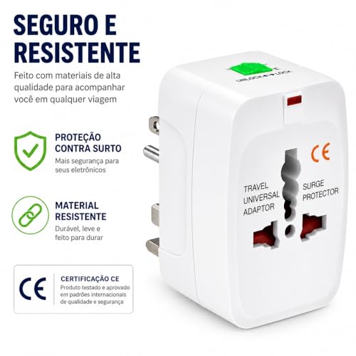 Adaptador de Tomada Universal Internacional - Padrão Mundial para Europa, EUA, UK e Japão - Bivolt com Trava de Segurança
