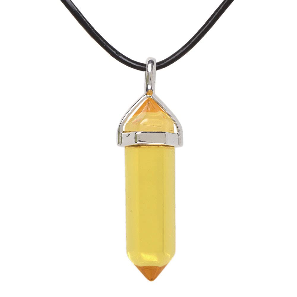 Citrine Glass Gemstone Hexagonal Pointed Reiki Chakra Pendant Genuine Leather Necklace 18"