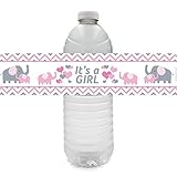 Pink and Gray Elephant Girl Baby Shower Water Bottle Labels - 24 Stickers