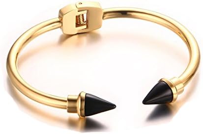 Women's Titanium Stainless Steel Cuff Bangle Bracelet with Open Bullet Ends Gold Black Two-Tone