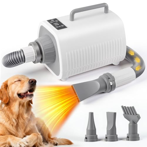 Asciugacapelli per Cani, Potente soffiatore per cani con Velocità e Temperatura Regolabili, 3 Ugelli, Tubo Flessibile, Schermo LCD, Asciugatore per Cani e Gatti di Tutte le Taglie