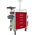 MS3C-600CRM, Hospital Crash Cart with Accessories, IV Pole, O2 Holder, Defibrillator Shelf, Cardiac Board, Trash Bin - Red