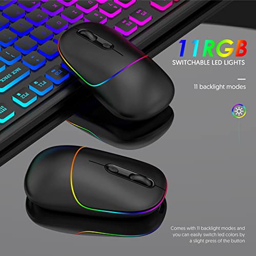 LED Wireless Mouse, RAPIQUE Rechargeable Silent RGB Light Up Computer Mouse with USB Receiver & Type-C Adapter, 2.4G Slim Portable Office Cordless Mice for Laptop, PC, ChromeBook, Tablet, Mac(Black)