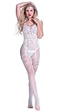 Amstt Women Lingerie Lingerie Fishnet Floral Crotchless Bodystockings Babydoll Bodysuits (White)