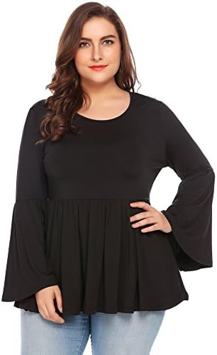 PLUNGER Women's Plus Size Long Bell Sleeves Flared Ruffle Blouse Round Neck Tunic Top
