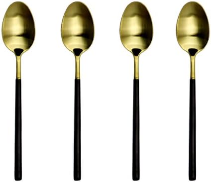 JANKNG 4 Piece 18/10 Stainless Steel Table Dinner Spoon Set, Black Handle Matte Gold