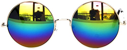 Men Sunny Hippie Costumes - Round Multicolor Mirrored Lens Sunglasses Silver Metal