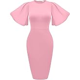 Memoriesea Women's Basic Bodycon Ruffle Flared Short Sleeve Pencil Midi Dress
