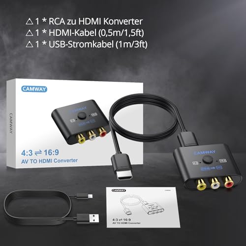CAMWAY RCA to HDMI Adapter, 16:9/4:3 Conversion 1080P Composite CVBS AV RCA Video Audio Converter with 50 cm HDMI Cable, AV Adapter Supports PAL/NTSC for Wii/PS1/PS2/N64/Xbox/DVD/VCR