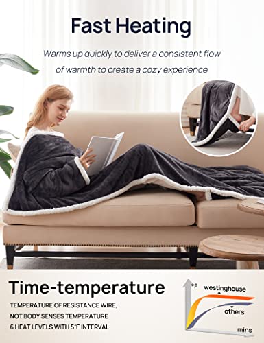 Westinghouse Wearable Heated Blanket with Foot Pocket, Electric Snuggle Throw with Sleeves, Flannel to Sherpa Reversible, 6 Heating Levels & 2-10 Hours Heating Time Settings, 50 * 70"+18", Grey