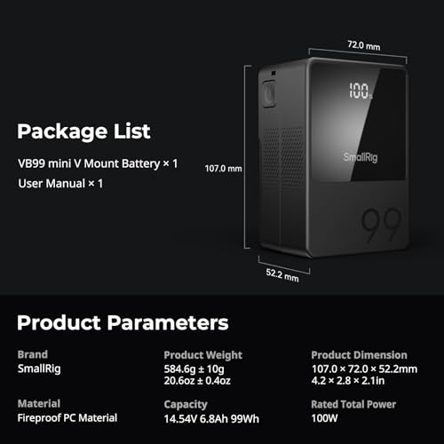 SMALLRIG V Mount Battery VB99, 99Wh / 6800mAh V Lock Battery with 100W Output, 2H Full Charge, with USB-C, D-TAP, USB-A, Dual DC Port, OLED Screen, for Camera, Camcorder, Monitor, Video Light - 3580B