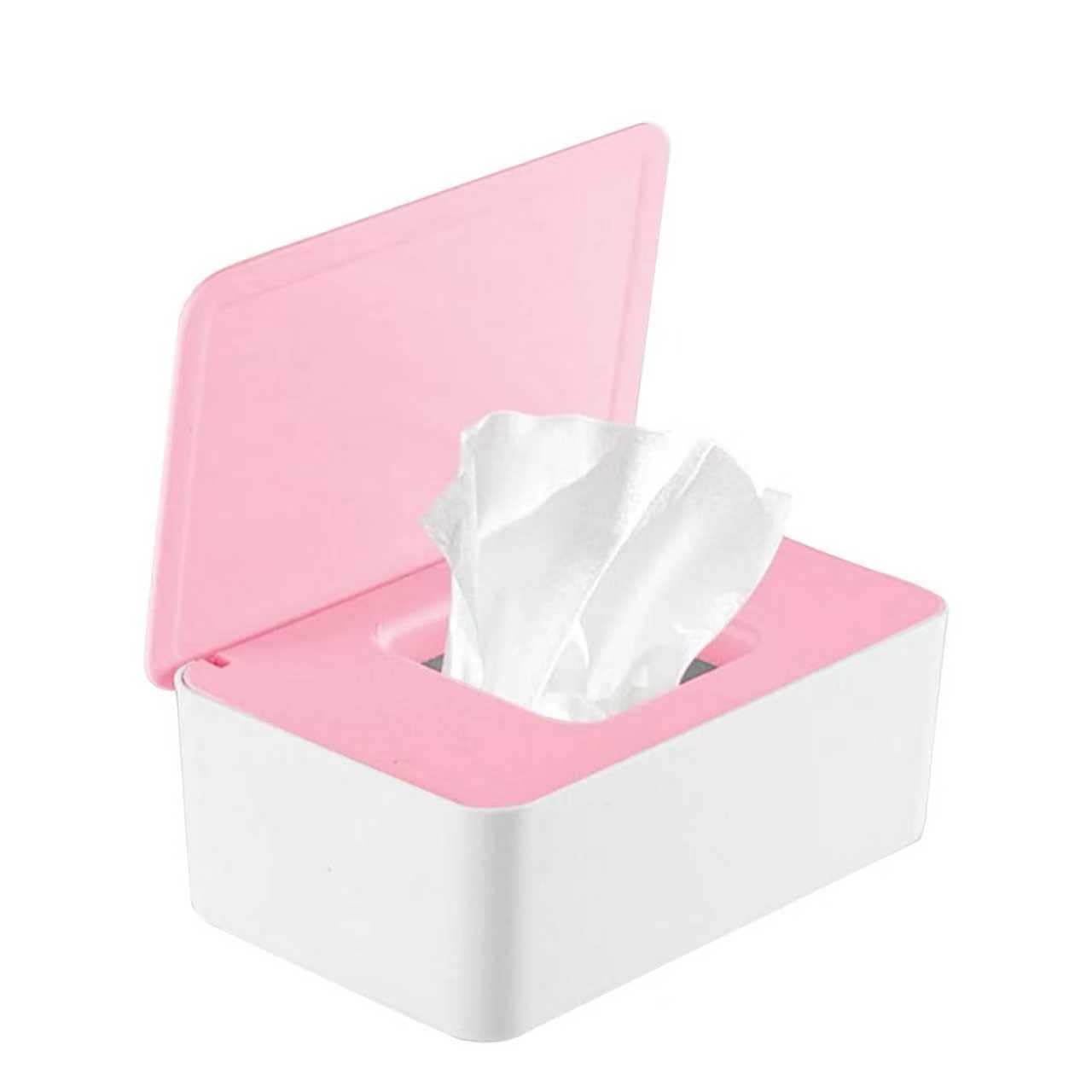 LAPONO Wipes Dispenser Case Box, Wipe Holder for Baby and Adult Reusable Toilet Wipes Dispenser Dustproof Tissue Storage Container Keeps Wipes Fresh with Lid Easy Open for Office Desk (White and Pink)