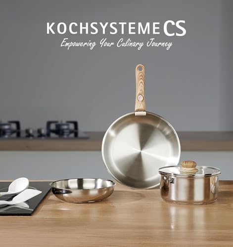 KOCH SYSTEME CS 7 Piece Stainless Steel Cookware Set, Stainless Steel Pots and Pans Set with Detachable Handle, Cooking Pan Set with Wood-grain Handle, Induction Compatible, Dishwasher & Oven Safe