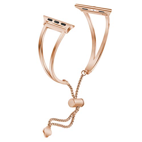 hooroor Bracelet Compatible for Apple Watch Band 42mm 44mm, Feminine Bangle Cuff with Clover Pendant for iWatch Bands Series 4 3 2 1 Stainless Steel Metal Wristband Strap (Copper Gold-42mm 44mm) - Thumbnail 2