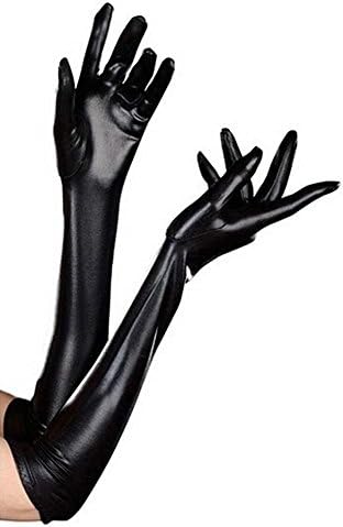 Fullerton Women's Sexy Elbow Length Stretchy Wet Look Faux Leather Gloves (Black)