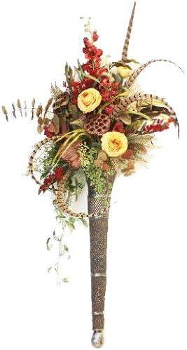 Forever Green Art Gold Cabbage Roses, Red Florals and Feathers Wall Sconce, 38-Inch