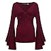 Fancyqube Women's Sexy V-Neck Twist Knot Front Long Bell Sleeve Blouse Tops Burgundy XL