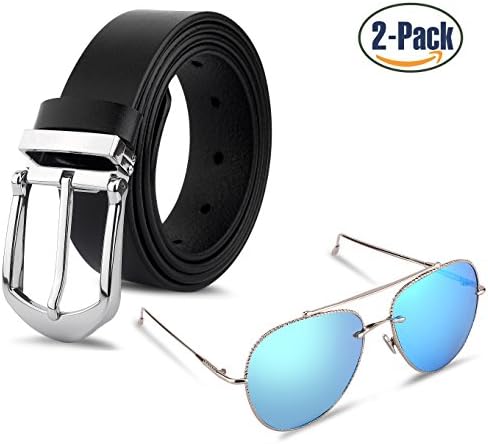 Set of 2 Men's Genuine Cowhide Leather Belt Black Belts and Vintage Reflective Mirror Lens Metal Frame Aviator Sunglasses for women and men By ANDY GRADE (Style 1)