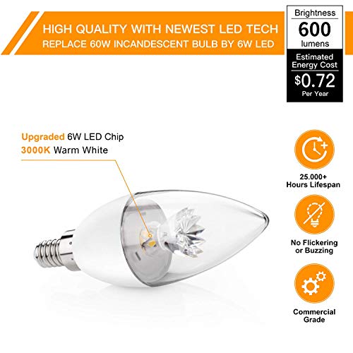 E12 Candelabra LED Bulbs 60W Equivalent, 3000K Warm White, 600 Lumens, 6W LED Chandelier Bulbs Candelabra Base, Non-Dimmable, Pack of 12