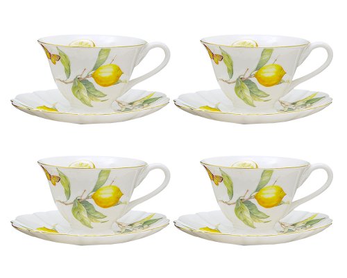 Gracie China Lemon Porcelain 7-Ounce Tea Cup and Saucer Set of 4