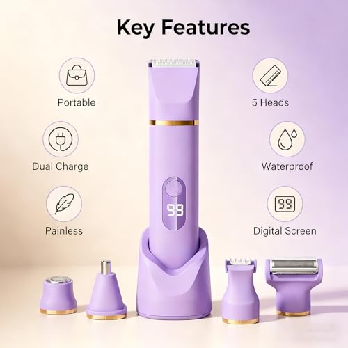XkuiHF 5 in 1 Women's Electric Shaver, Wet/Dry Trimmer, IPX7 Waterproof, Female Intimate Trimmer for Face, Armpits, Legs, Arms and Bikini (Purple)