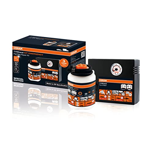 OSRAM TYREseal KIT EMERGENCY, riparazione pneumatici su strada, sigillante per pneumatici da 450 ml e compressore d'aria analogico per riparazioni di forature sul posto