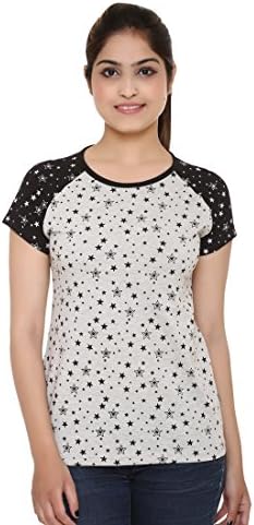 The Black Bee Printed Casual T-Shirt For Women's (Medium, Blue)